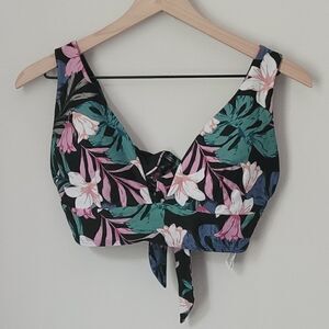 Hollister Black Floral Tie-Front Bikini Top with Pink & Teal Leaves